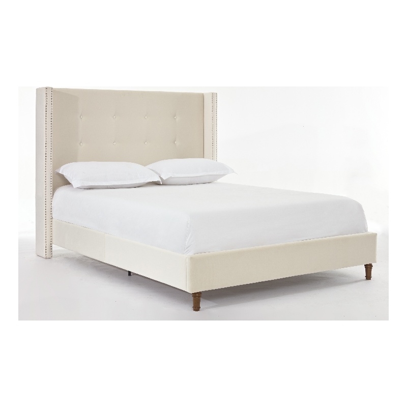 Pery Queen Size Bed with Button Tufted Headboard- Ivory Velvet Upholstery