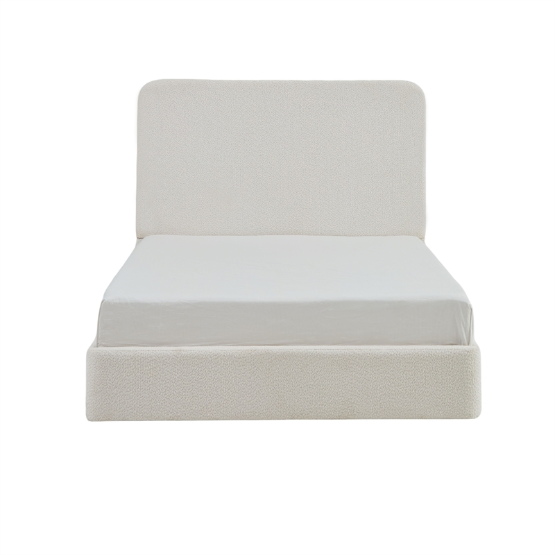 Welz King Size Bed with Tall Headboard- Pearl White Chenille Upholstery