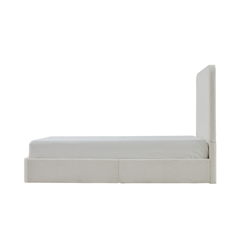Welz King Size Bed with Tall Headboard- Pearl White Chenille Upholstery
