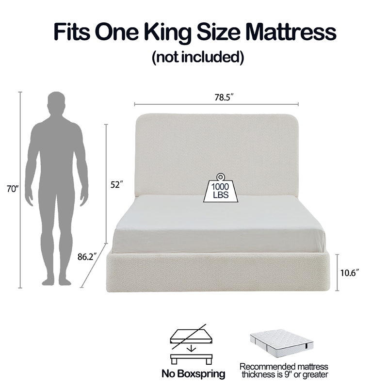 Welz King Size Bed with Tall Headboard- Pearl White Chenille Upholstery
