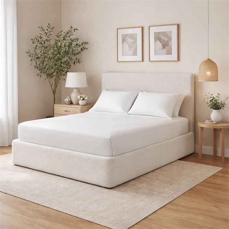 Welz King Size Bed with Tall Headboard- Pearl White Chenille Upholstery