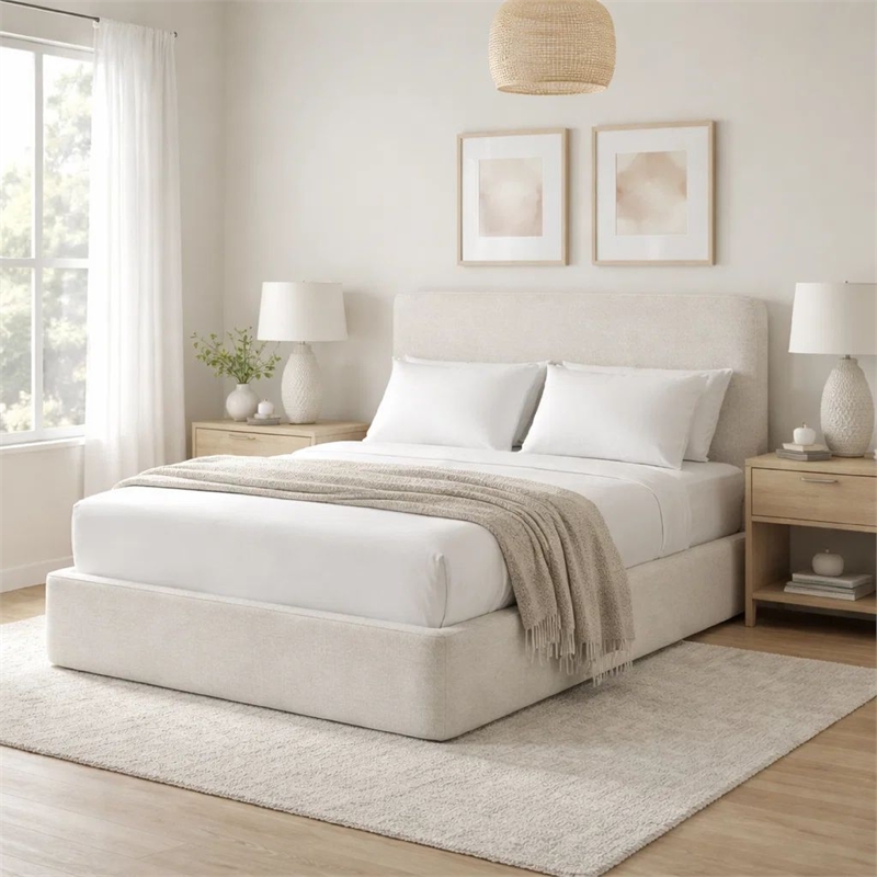Welz King Size Bed with Tall Headboard- Pearl White Chenille Upholstery