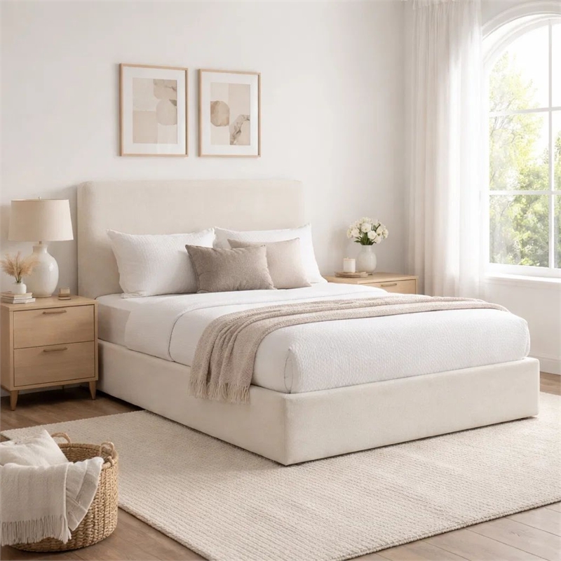 Welz King Size Bed with Tall Headboard- Pearl White Chenille Upholstery