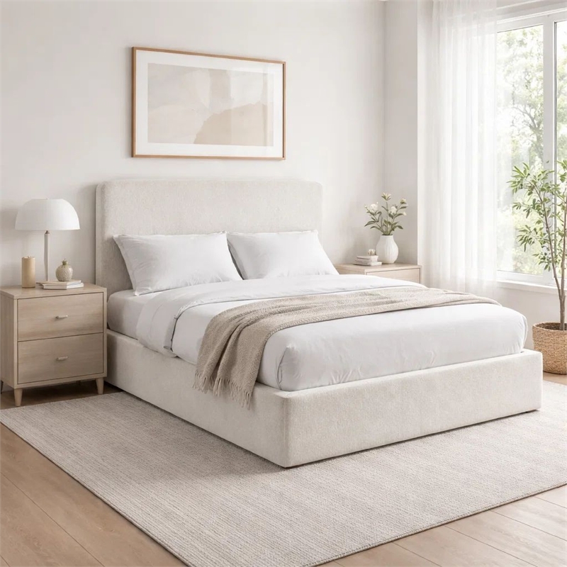 Welz King Size Bed with Tall Headboard- Pearl White Chenille Upholstery
