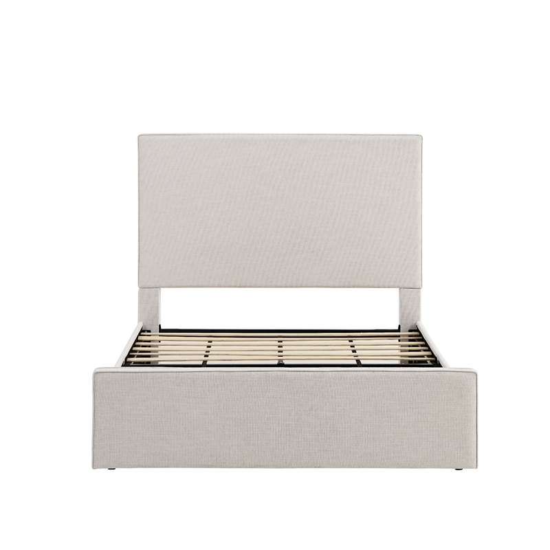 Zely Queen Size Bed with Tall Headboard- Textured Ivory Upholstery