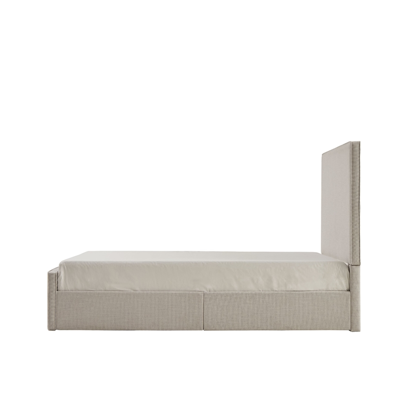 Zely Queen Size Bed with Tall Headboard- Textured Ivory Upholstery