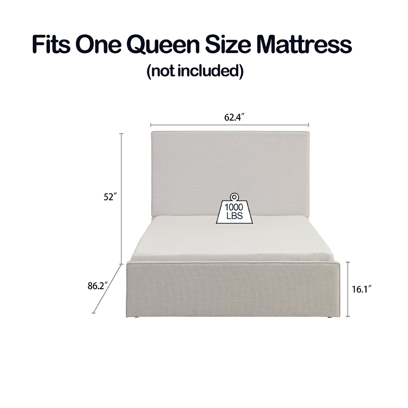 Zely Queen Size Bed with Tall Headboard- Textured Ivory Upholstery