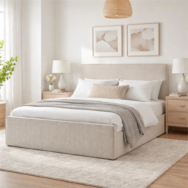 Zely Queen Size Bed with Tall Headboard- Textured Ivory Upholstery