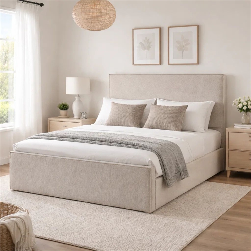 Zely Queen Size Bed with Tall Headboard- Textured Ivory Upholstery