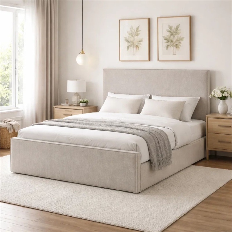 Zely Queen Size Bed with Tall Headboard- Textured Ivory Upholstery