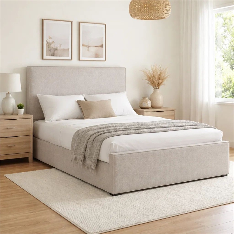 Zely Queen Size Bed with Tall Headboard- Textured Ivory Upholstery