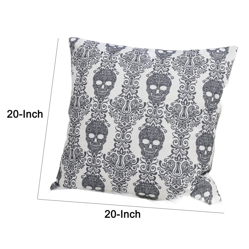 Ary Square Throw Pillow- Black and White Gothic Damask Skull Design- 20 Inch