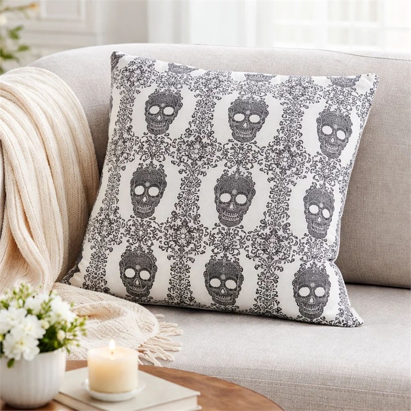 Ary Square Throw Pillow- Black and White Gothic Damask Skull Design- 20 Inch
