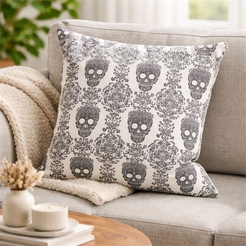 Ary Square Throw Pillow- Black and White Gothic Damask Skull Design- 20 Inch