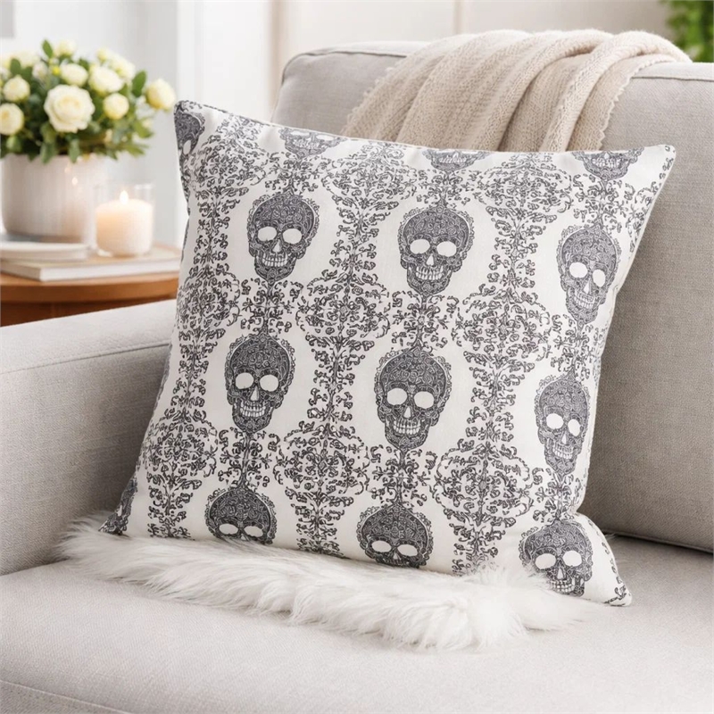 Ary Square Throw Pillow- Black and White Gothic Damask Skull Design- 20 Inch