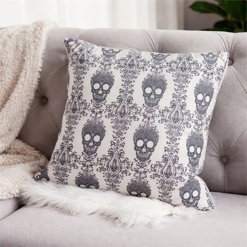 Ary Square Throw Pillow- Black and White Gothic Damask Skull Design- 20 Inch
