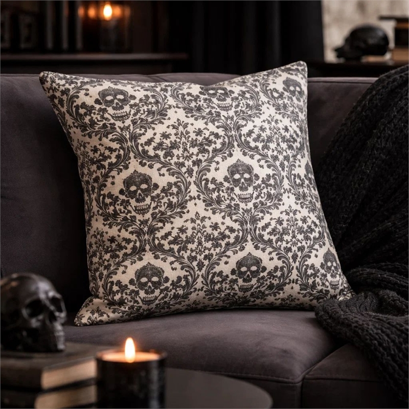 Ary Throw Pillow- Black and White Baroque Skull Design- 20 Inch Square