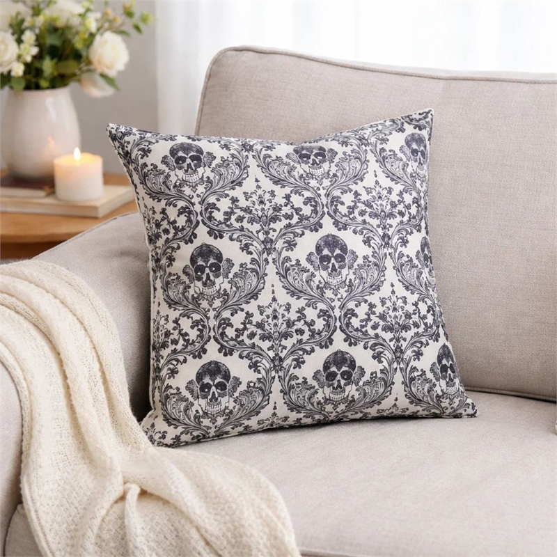 Ary Throw Pillow- Black and White Baroque Skull Design- 20 Inch Square
