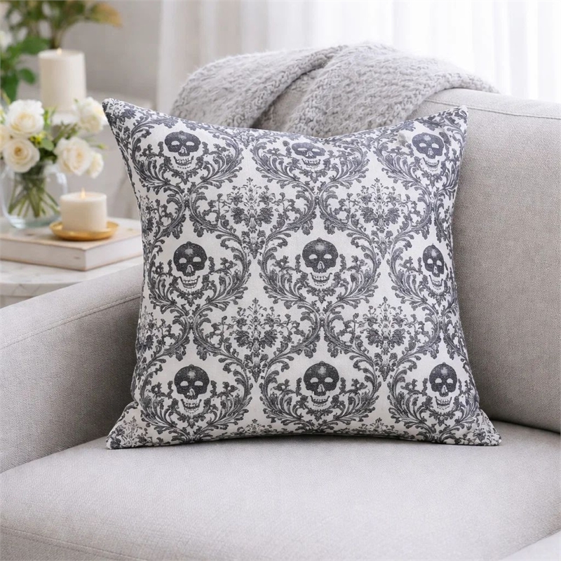 Ary Throw Pillow- Black and White Baroque Skull Design- 20 Inch Square