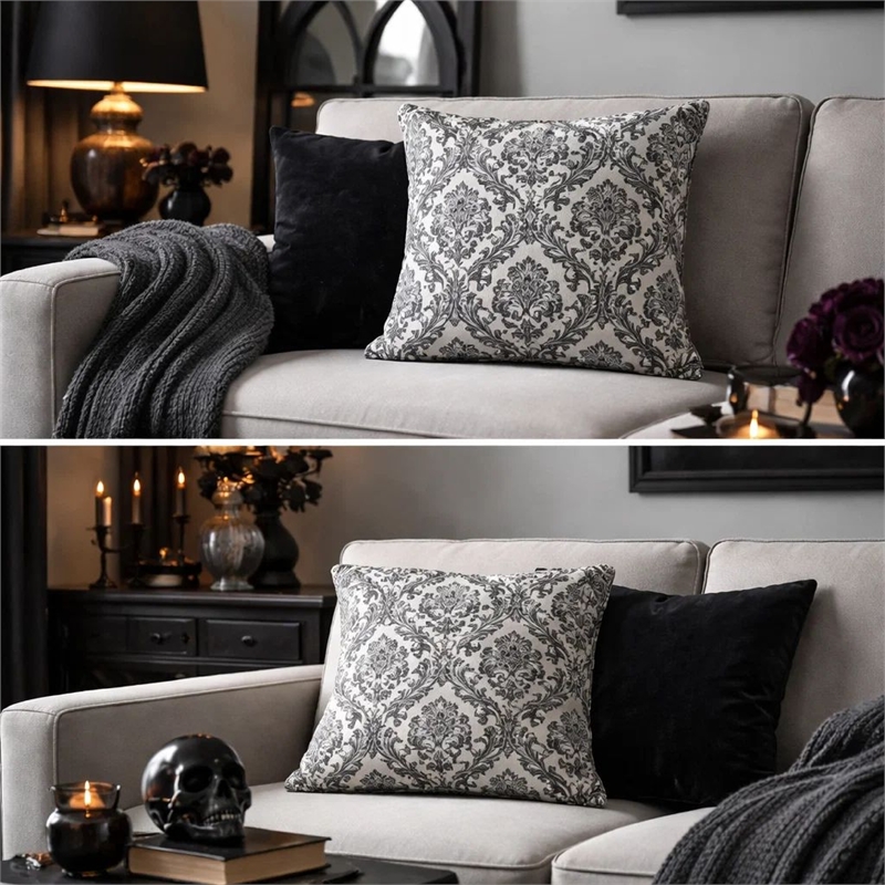 Ary Throw Pillow- Black and White Baroque Skull Design- 20 Inch Square