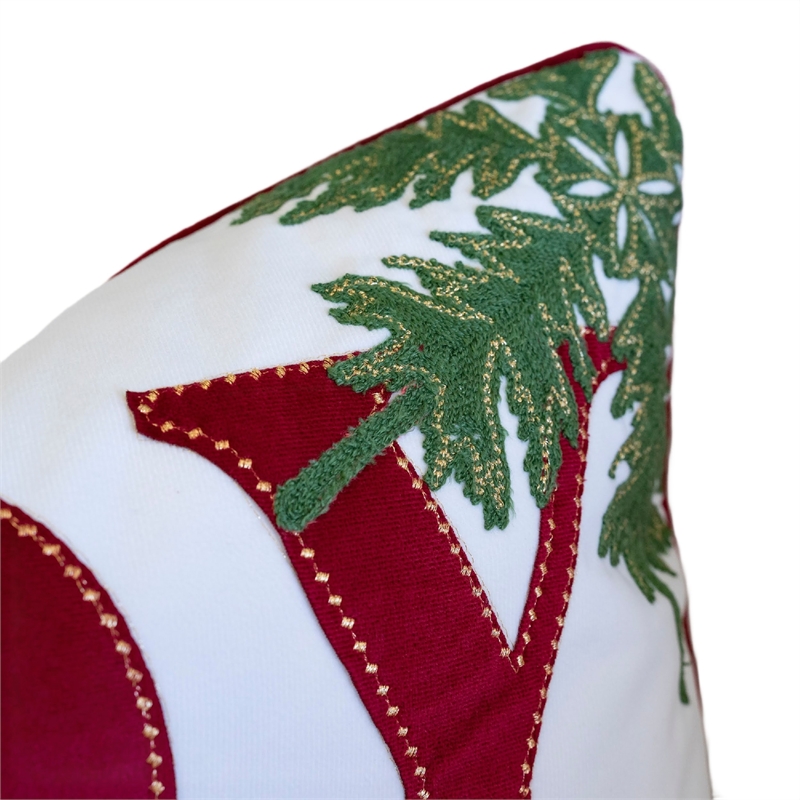 Christmas Lumbar Cushion- Red Joy and Green Leaves Velvet Accents- 14x20