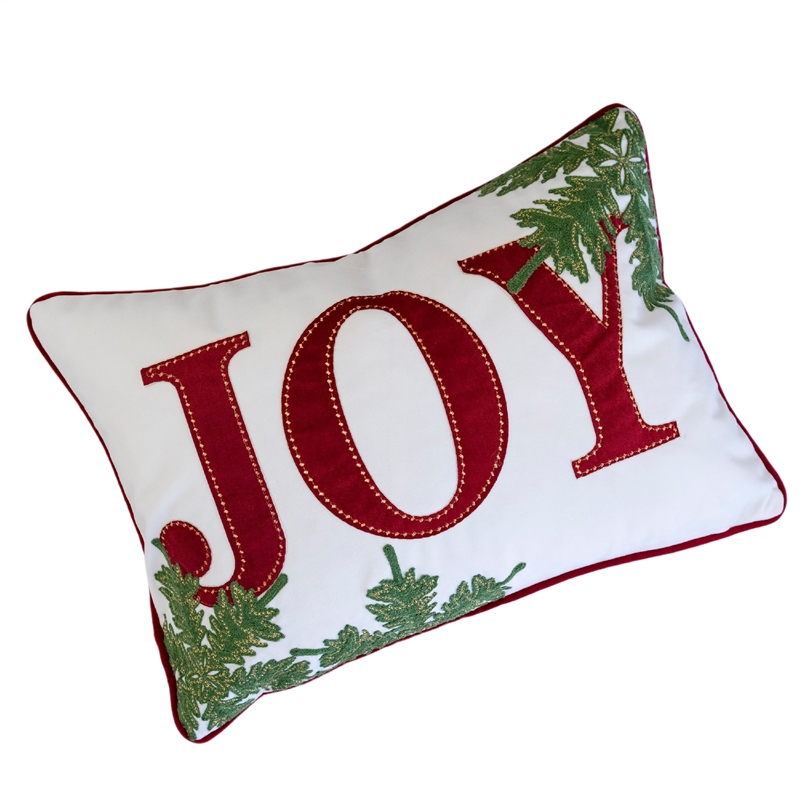 Christmas Lumbar Cushion- Red Joy and Green Leaves Velvet Accents- 14x20