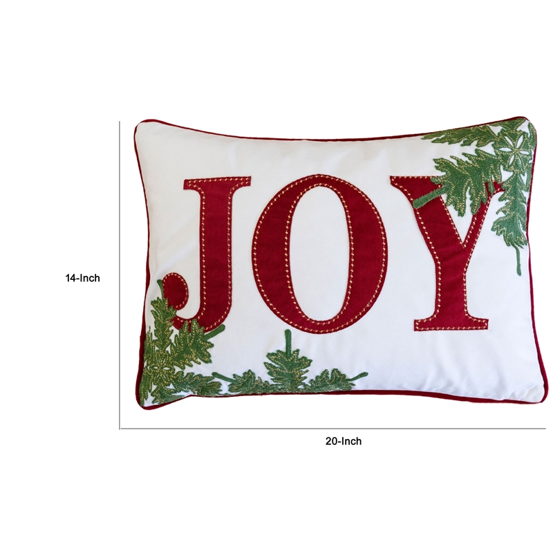 Christmas Lumbar Cushion- Red Joy and Green Leaves Velvet Accents- 14x20