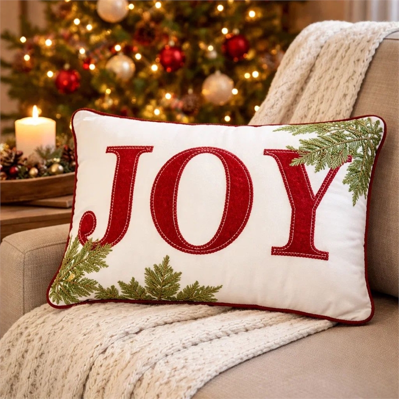 Christmas Lumbar Cushion- Red Joy and Green Leaves Velvet Accents- 14x20