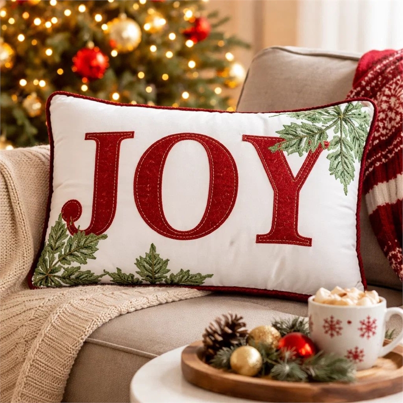 Christmas Lumbar Cushion- Red Joy and Green Leaves Velvet Accents- 14x20