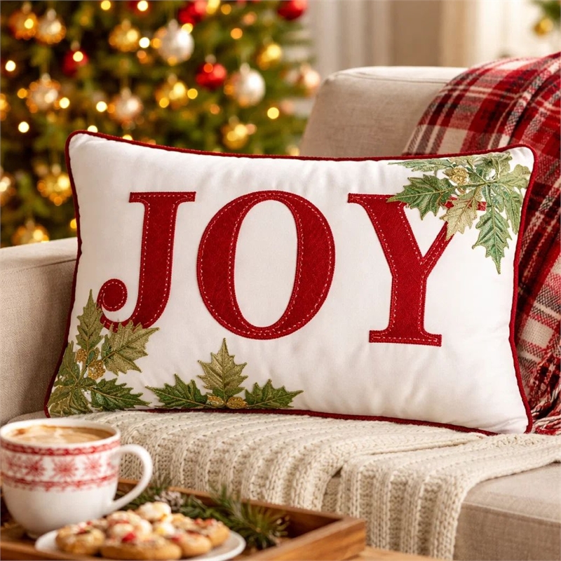 Christmas Lumbar Cushion- Red Joy and Green Leaves Velvet Accents- 14x20