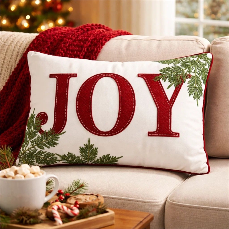 Christmas Lumbar Cushion- Red Joy and Green Leaves Velvet Accents- 14x20