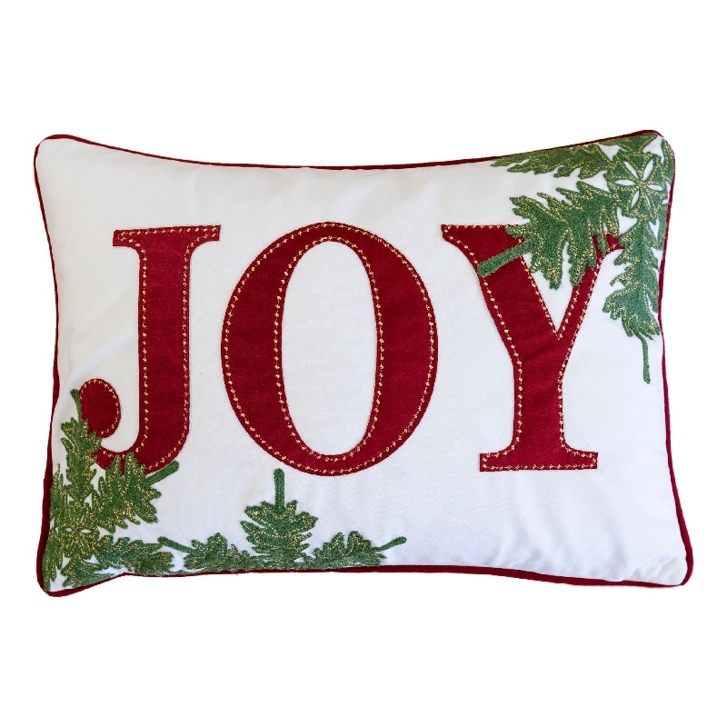 Christmas Lumbar Cushion- Red Joy and Green Leaves Velvet Accents- 14x20