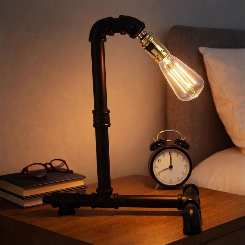 Desk Lamp- Industrial Pipe Style w Steampunk Design- Matte Black Metal