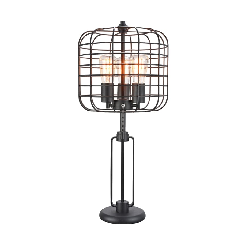 Emon 3 Bulb Table Lamp w USB- Black Metal Industrial Cage Shade