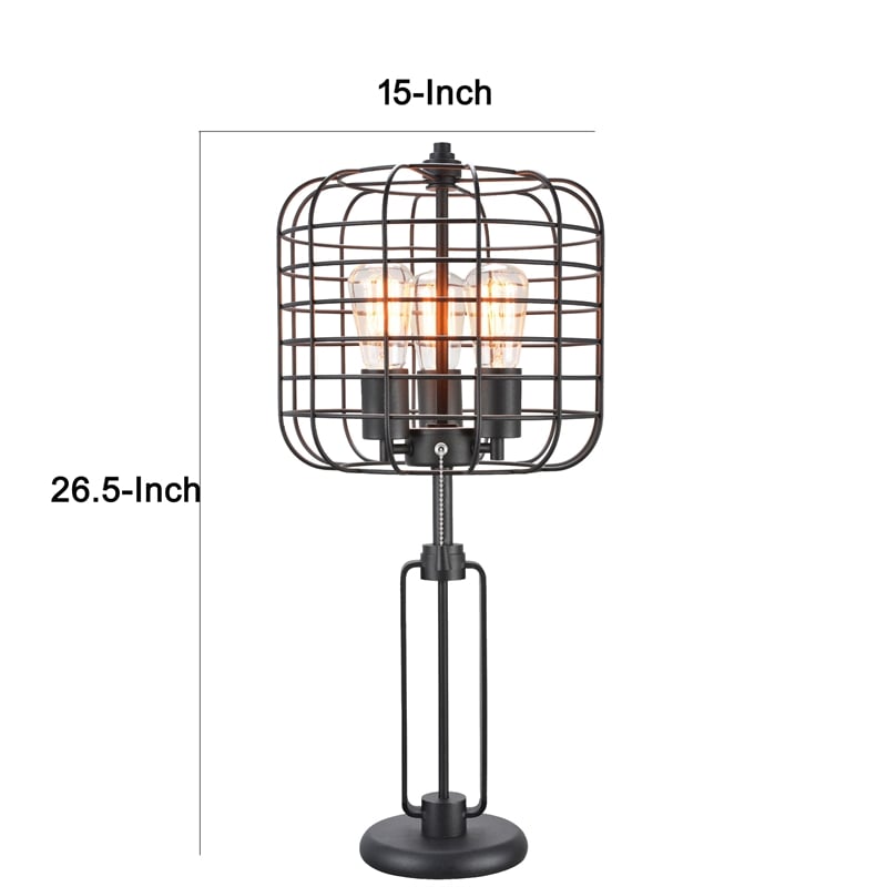 Emon 3 Bulb Table Lamp w USB- Black Metal Industrial Cage Shade