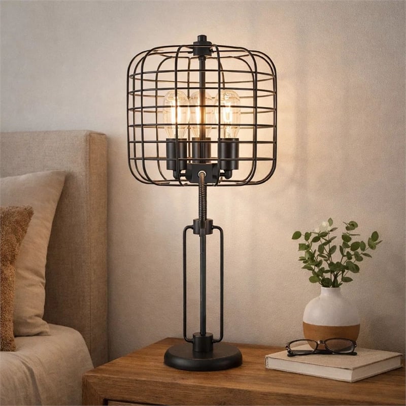 Emon 3 Bulb Table Lamp w USB- Black Metal Industrial Cage Shade
