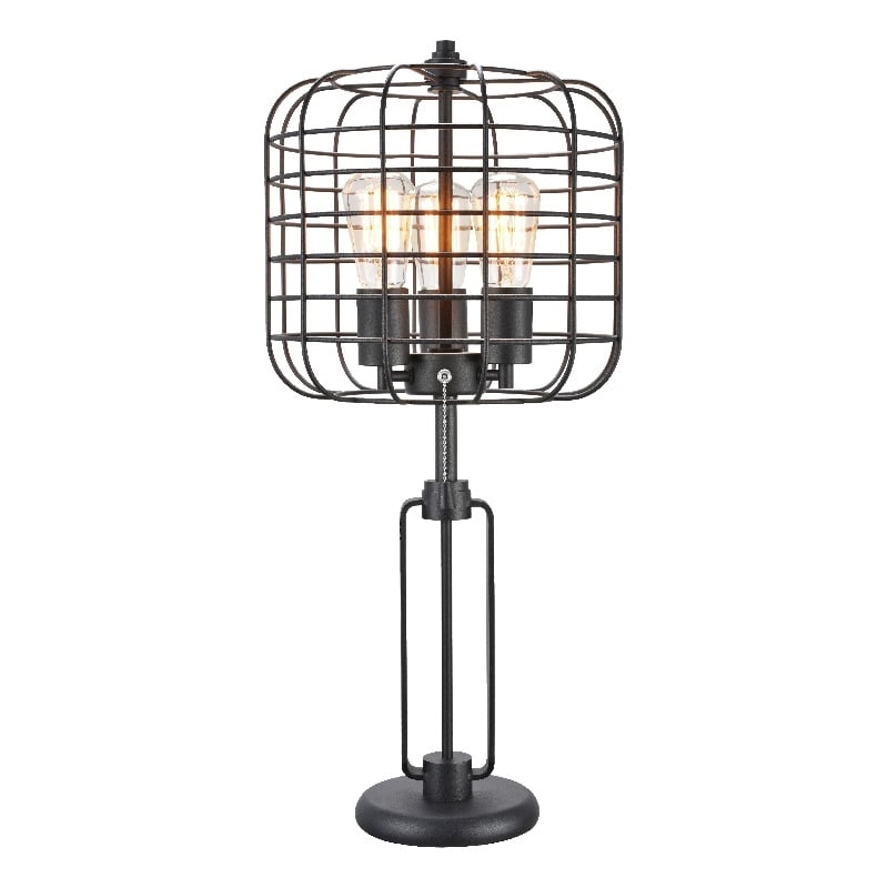 Emon 3 Bulb Table Lamp w USB- Black Metal Industrial Cage Shade
