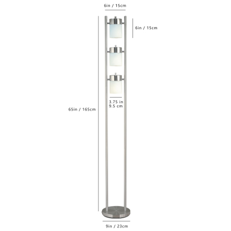 Floor Lamp with 3 Frosted White Shades- 65 Inch Chrome Dual Pole Body
