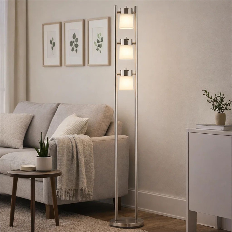 Floor Lamp with 3 Frosted White Shades- 65 Inch Chrome Dual Pole Body