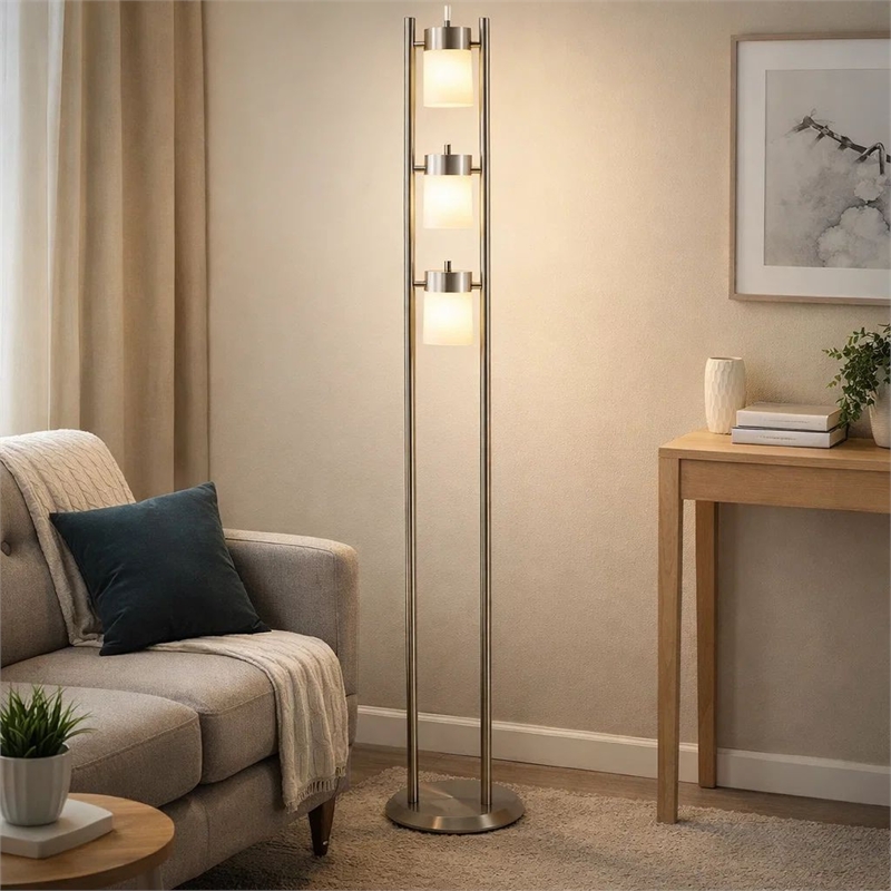 Floor Lamp with 3 Frosted White Shades- 65 Inch Chrome Dual Pole Body