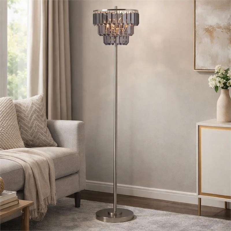 Floor Lamp with 3 Tier Smoke Gray Crystal Shade- 61 Inch Chrome Metal