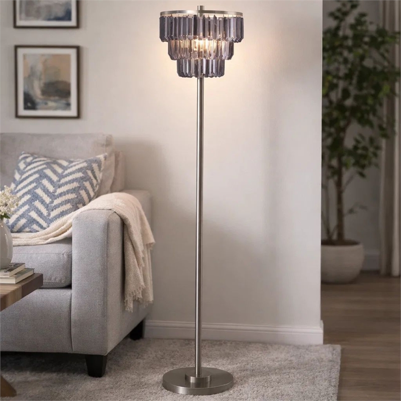 Floor Lamp with 3 Tier Smoke Gray Crystal Shade- 61 Inch Chrome Metal