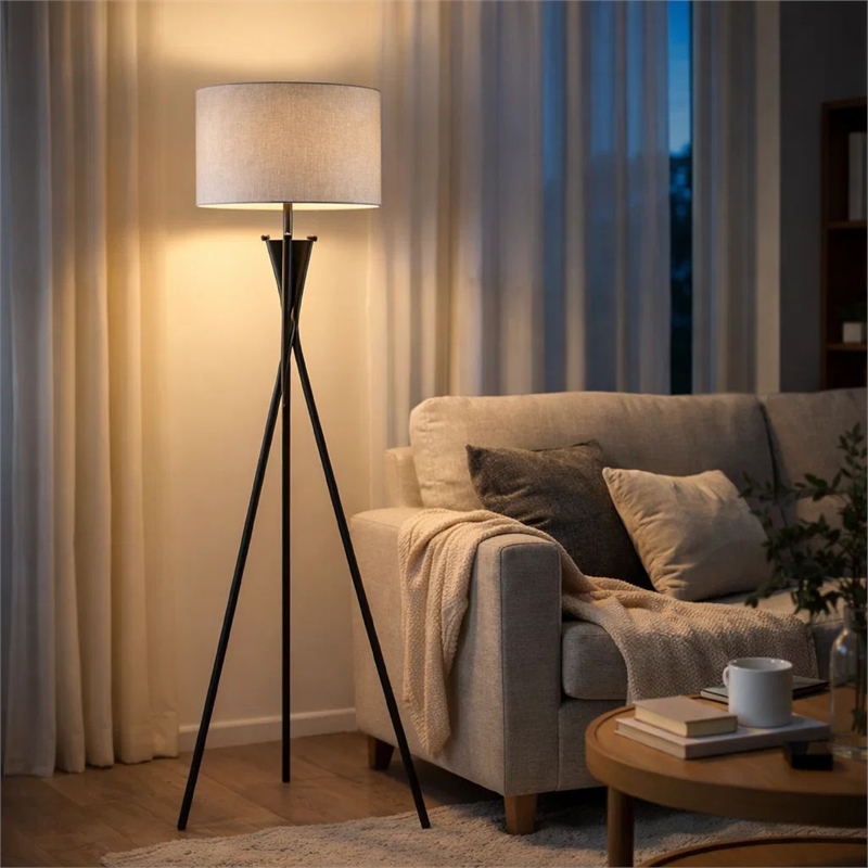 Floor Lamp with Beige Drum Shade- 65 Inch Bronze Metal Tripod Base