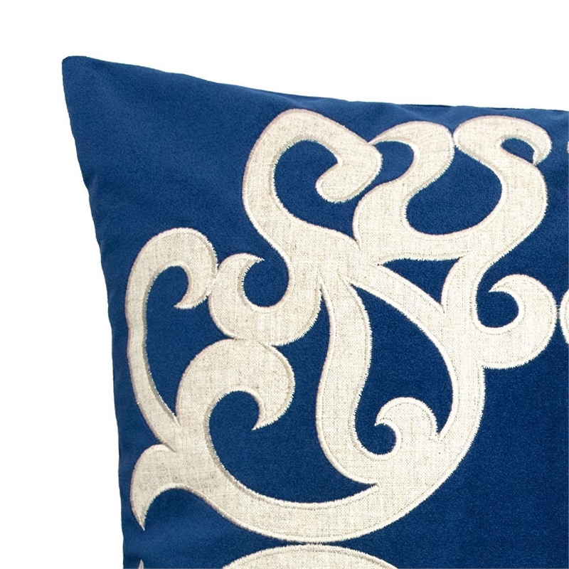 Dery Throw Pillow- Vintage Vine Accented Indigo Velvet- 20 Inch Square