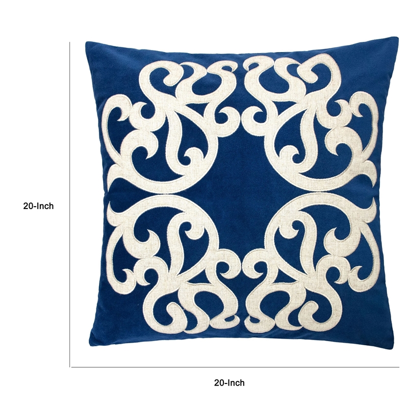 Dery Throw Pillow- Vintage Vine Accented Indigo Velvet- 20 Inch Square