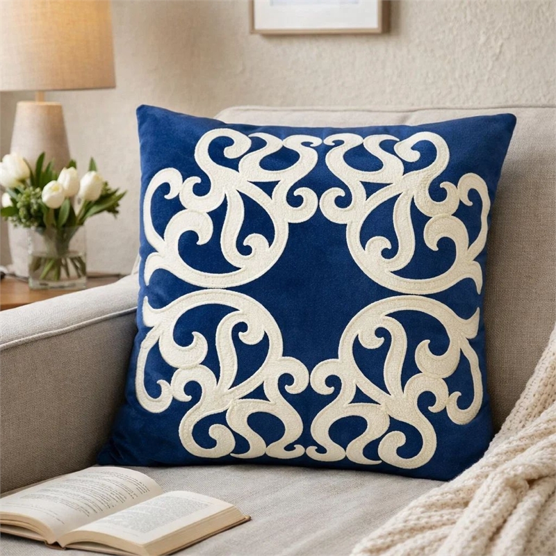 Dery Throw Pillow- Vintage Vine Accented Indigo Velvet- 20 Inch Square