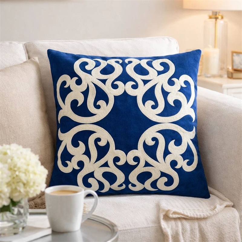 Dery Throw Pillow- Vintage Vine Accented Indigo Velvet- 20 Inch Square