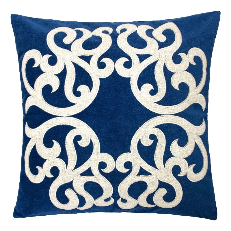 Dery Throw Pillow- Vintage Vine Accented Indigo Velvet- 20 Inch Square