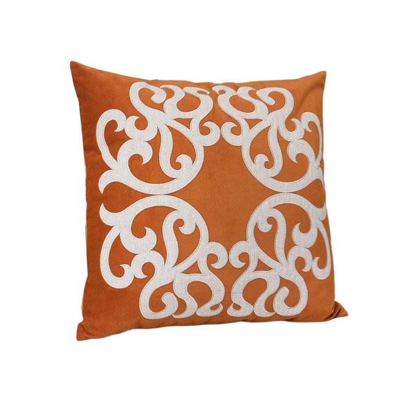 Dery Throw Pillow- Vintage Vine Accented Orange Velvet- 20 Inch Square