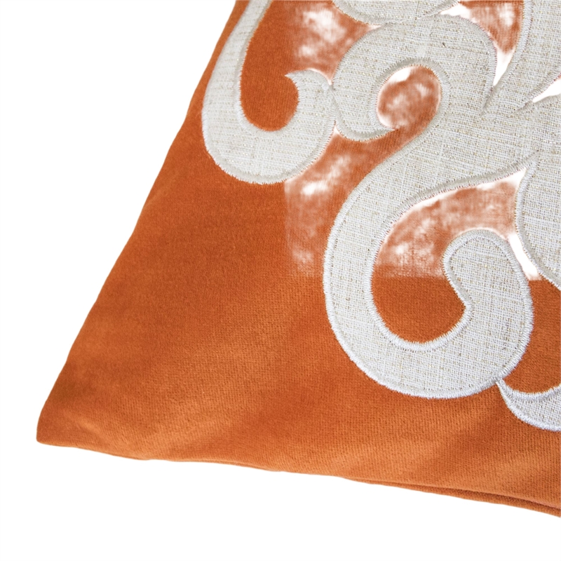 Dery Throw Pillow- Vintage Vine Accented Orange Velvet- 20 Inch Square